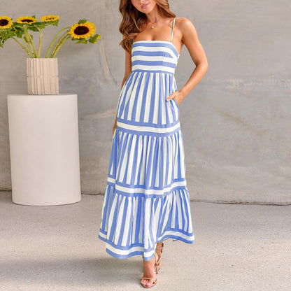 Striped Printed Suspender Long Dress