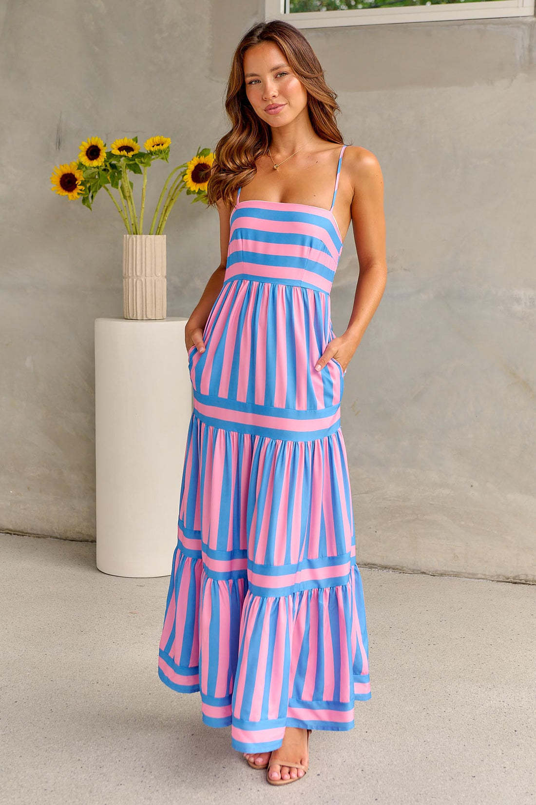 Striped Printed Suspender Long Dress