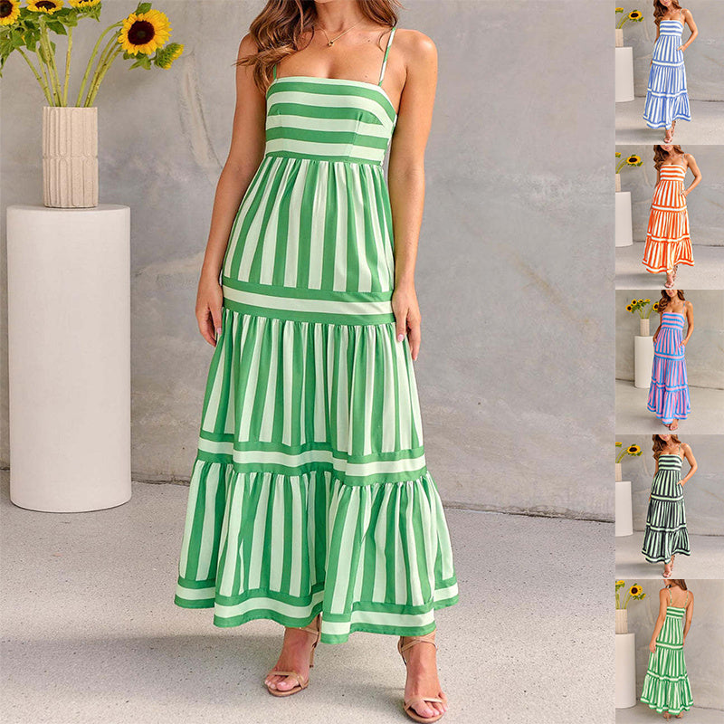 Striped Printed Suspender Long Dress