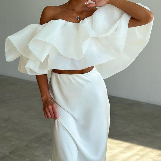 Elegant Off-Shoulder Top Skirt Suit