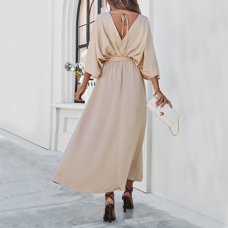 Bat Sleeve Split Design Lace-up Long Dress