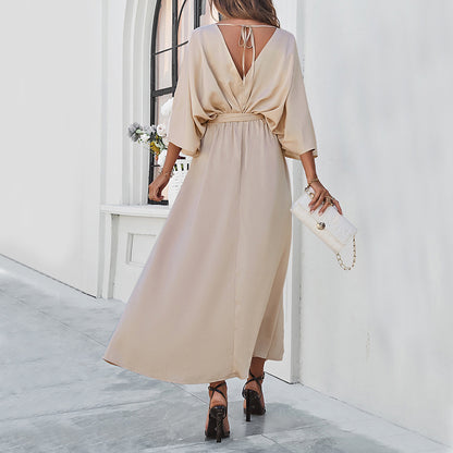 Bat Sleeve Split Design Lace-up Long Dress