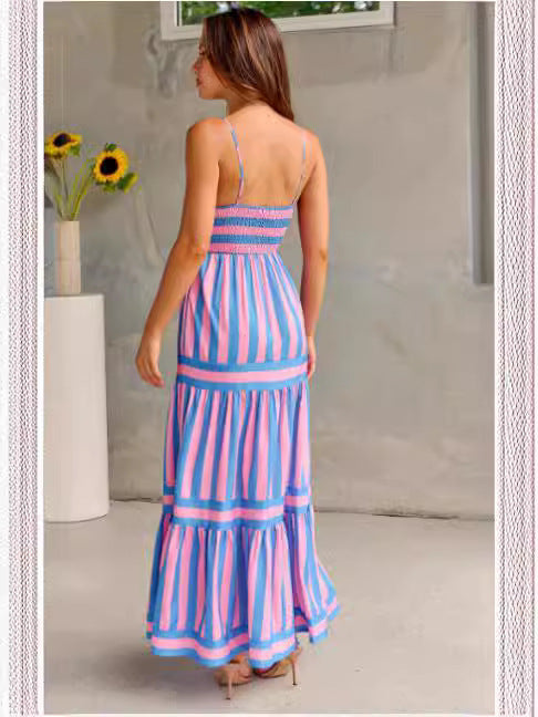 Striped Printed Suspender Long Dress